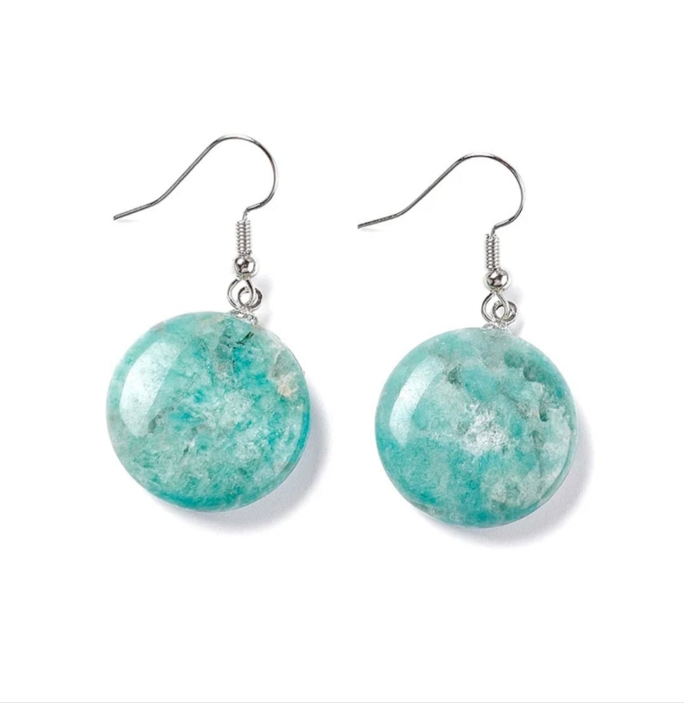 Boucles d'oreilles rondes pendantes acier inoxydable pierres naturelles amazonite