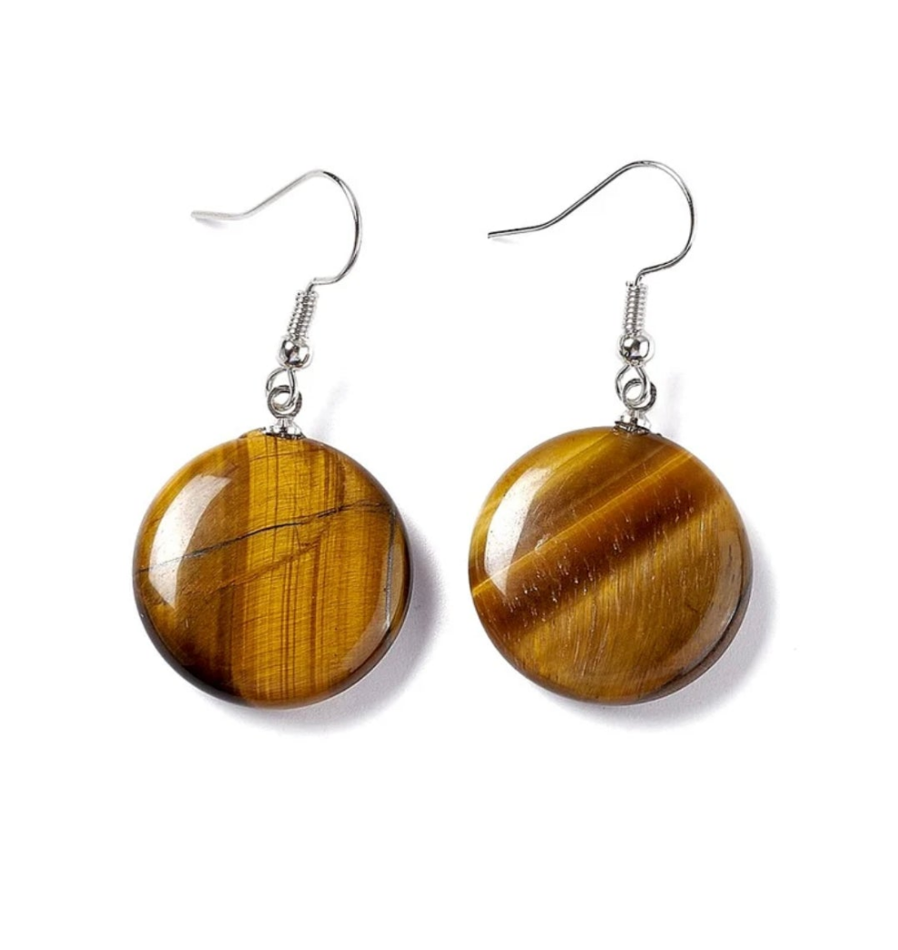Boucles d'oreilles pendantes acier inoxydable pierres naturelles rondes Œil de Tigre