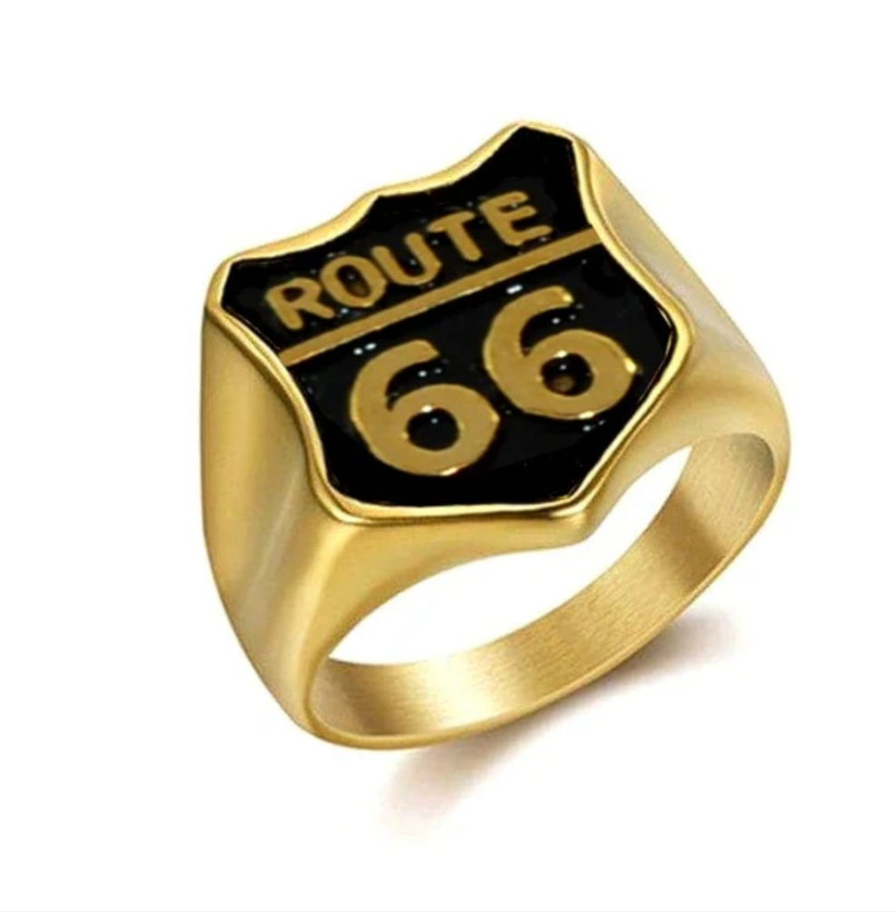 Bague chevalière acier 316 Route 66 noir et or Johnny HALLYDAY