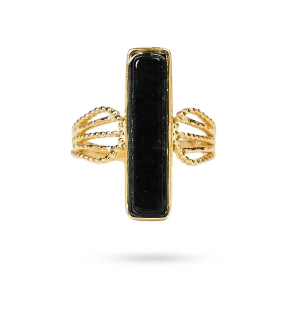 Bague acier inoxydable Charlotte pierres naturelles agate noir