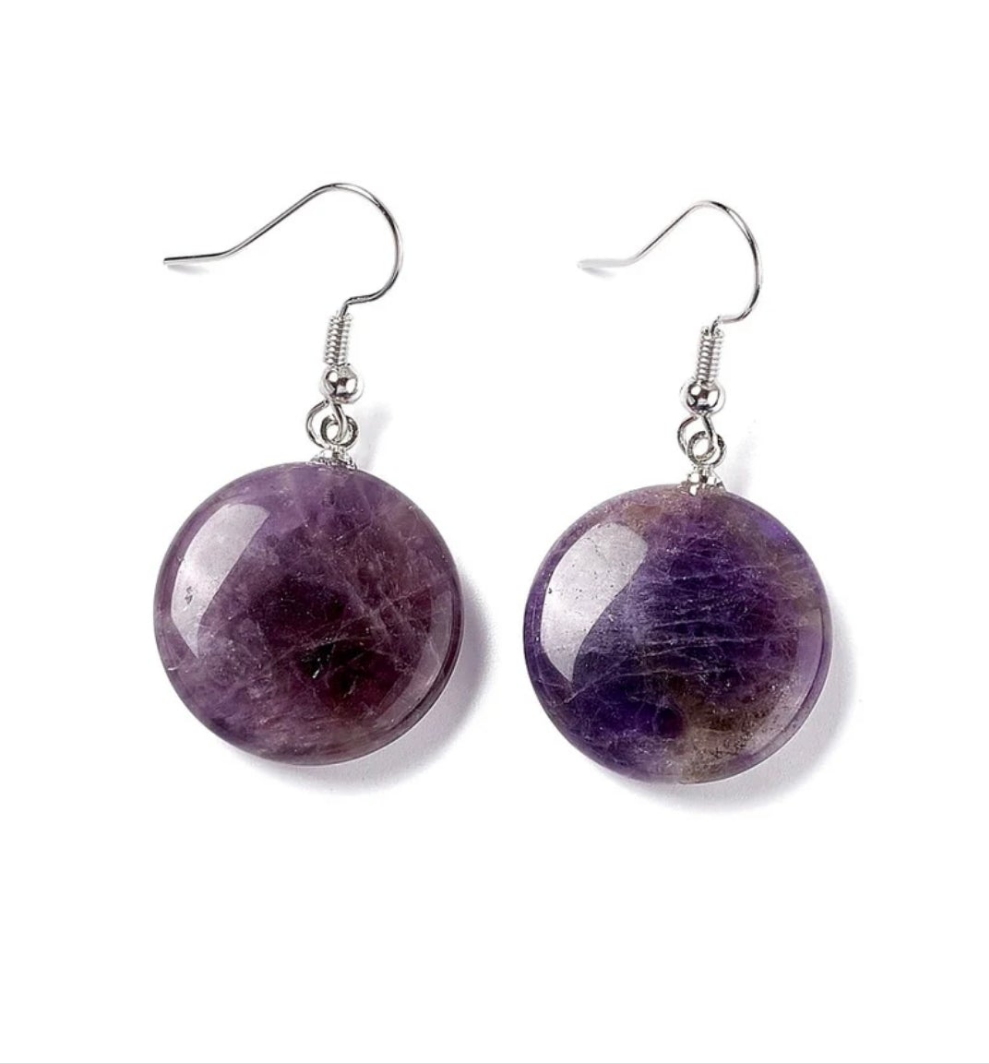 Boucles d'oreilles pendantes acier inoxydable pierres naturelles rondes Améthyste