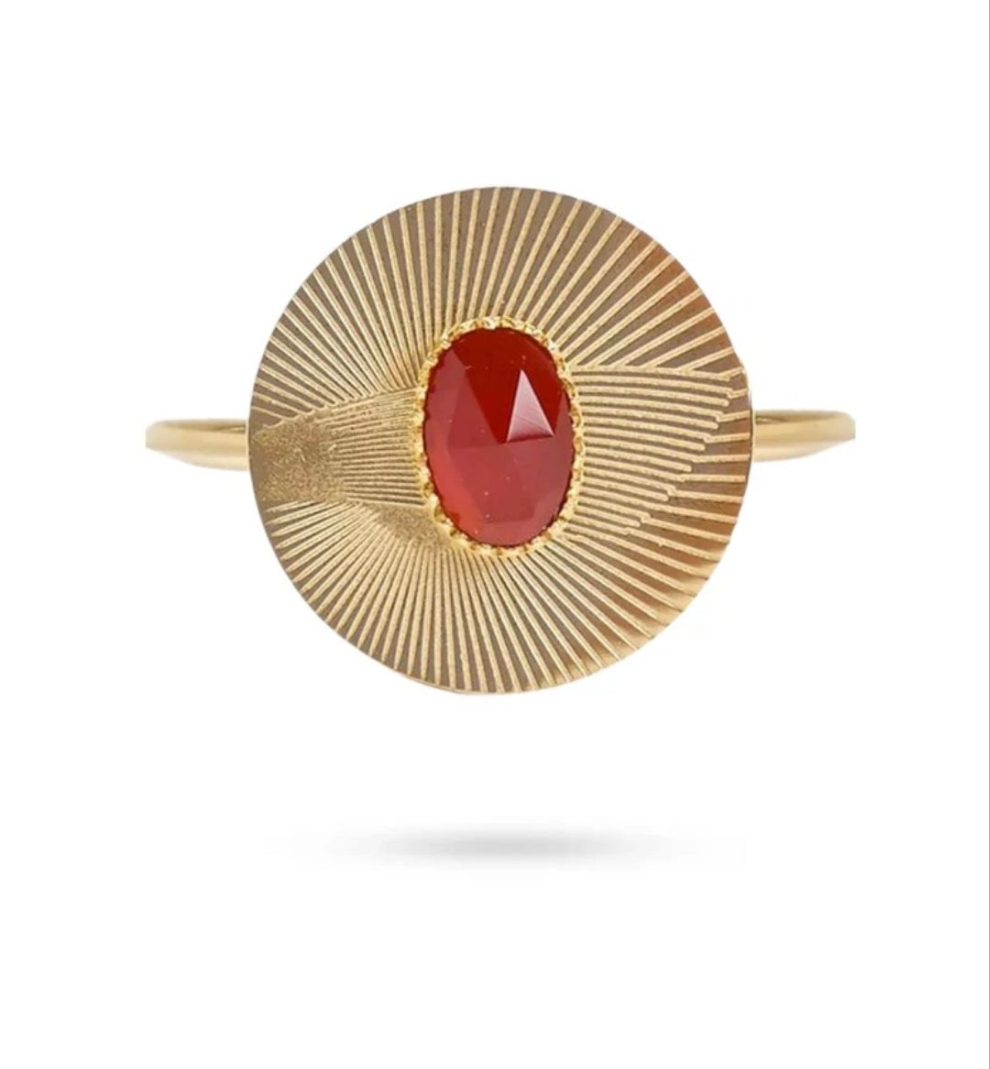 Bague acier inoxydable ronde pierre naturelle agate rouge