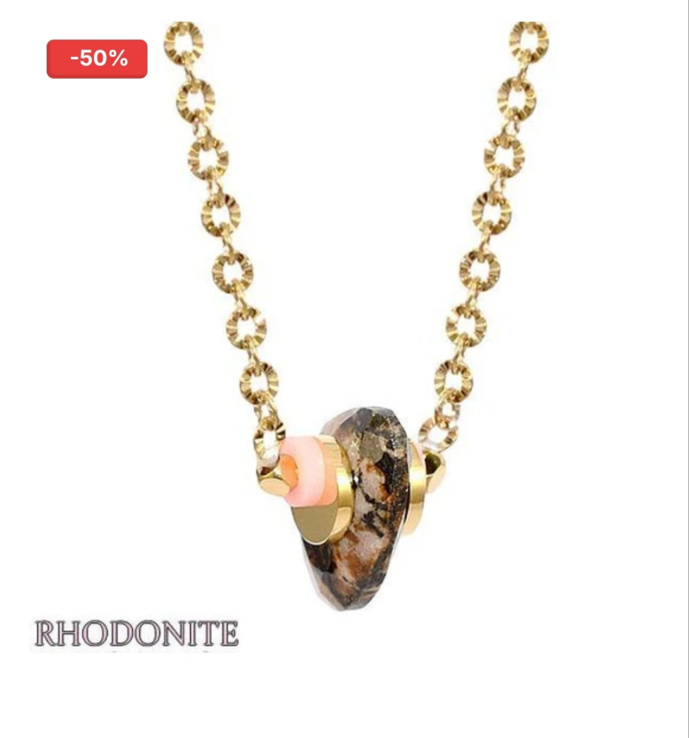 Collier pierres naturelles & acier - Rhodonite