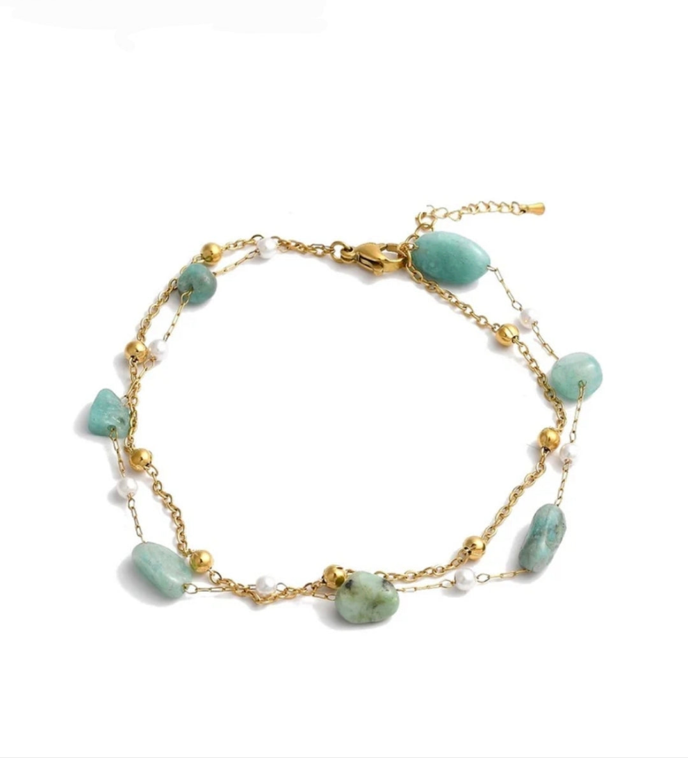 Chaîne de cheville en acier inoxydable double rangs pierres naturelles amazonite