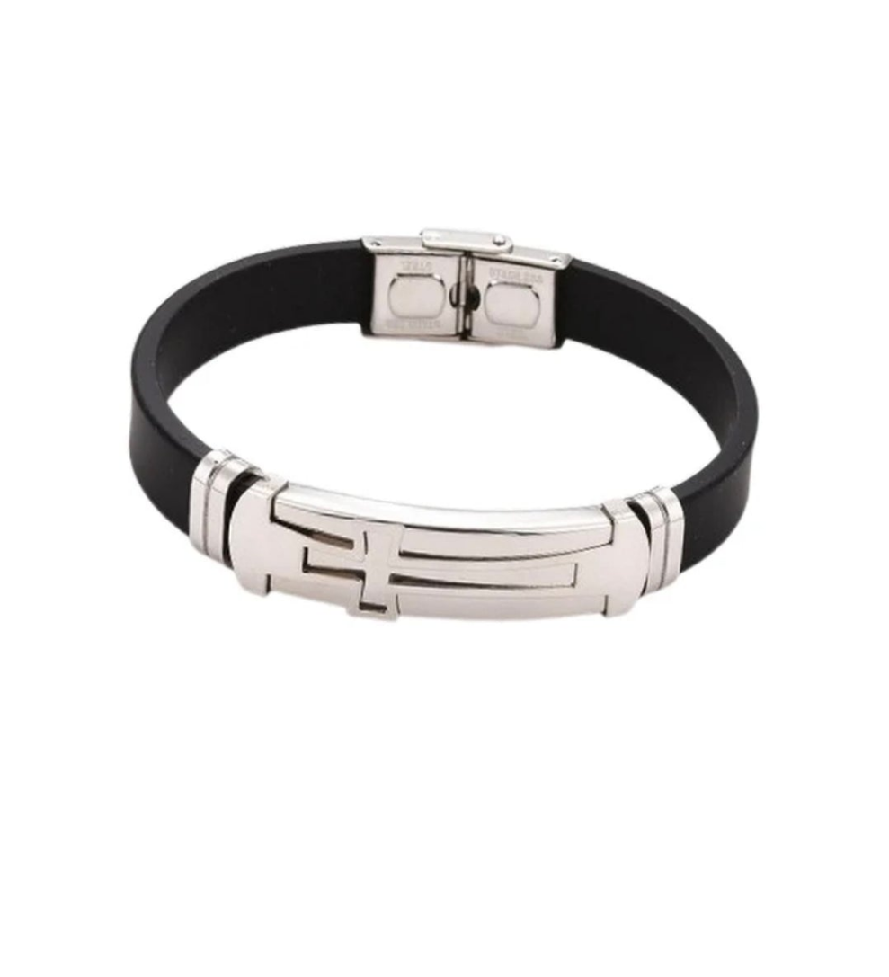 Bracelet homme acier inoxydable cuir noir croix