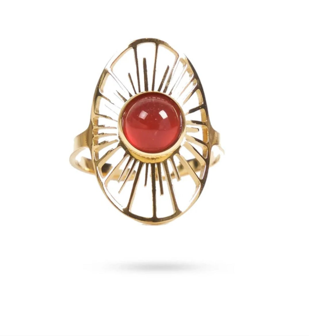 Bague acier inoxydable Soleil pierres naturelles agate rouge