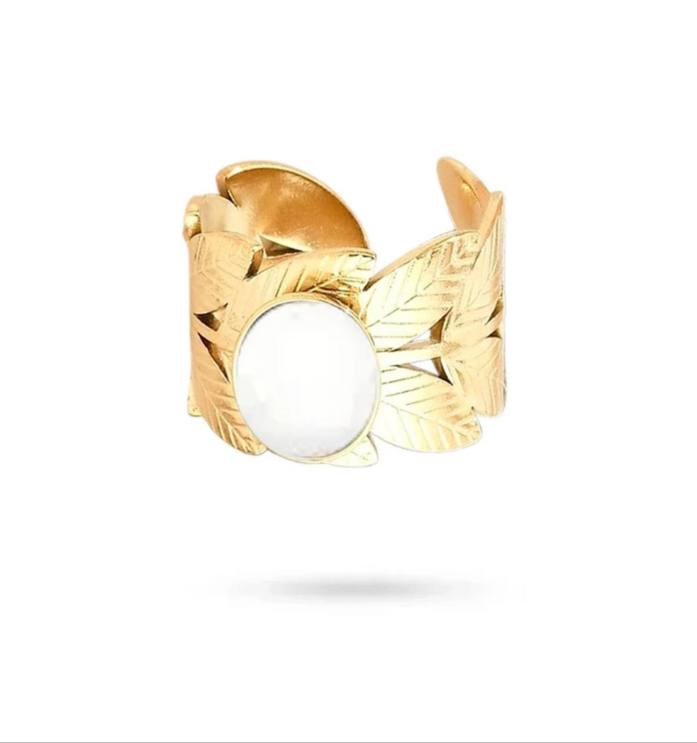 Bague acier inoxydable feuille pierres naturelles agate blanche