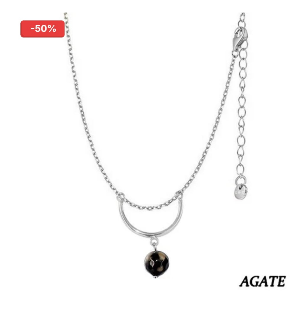 Collier acier & pierre naturelle - Agate - Demi cercle argenté