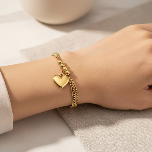 Bracelet femme en acier inoxydable double chaîne gourmette et breloque cœur