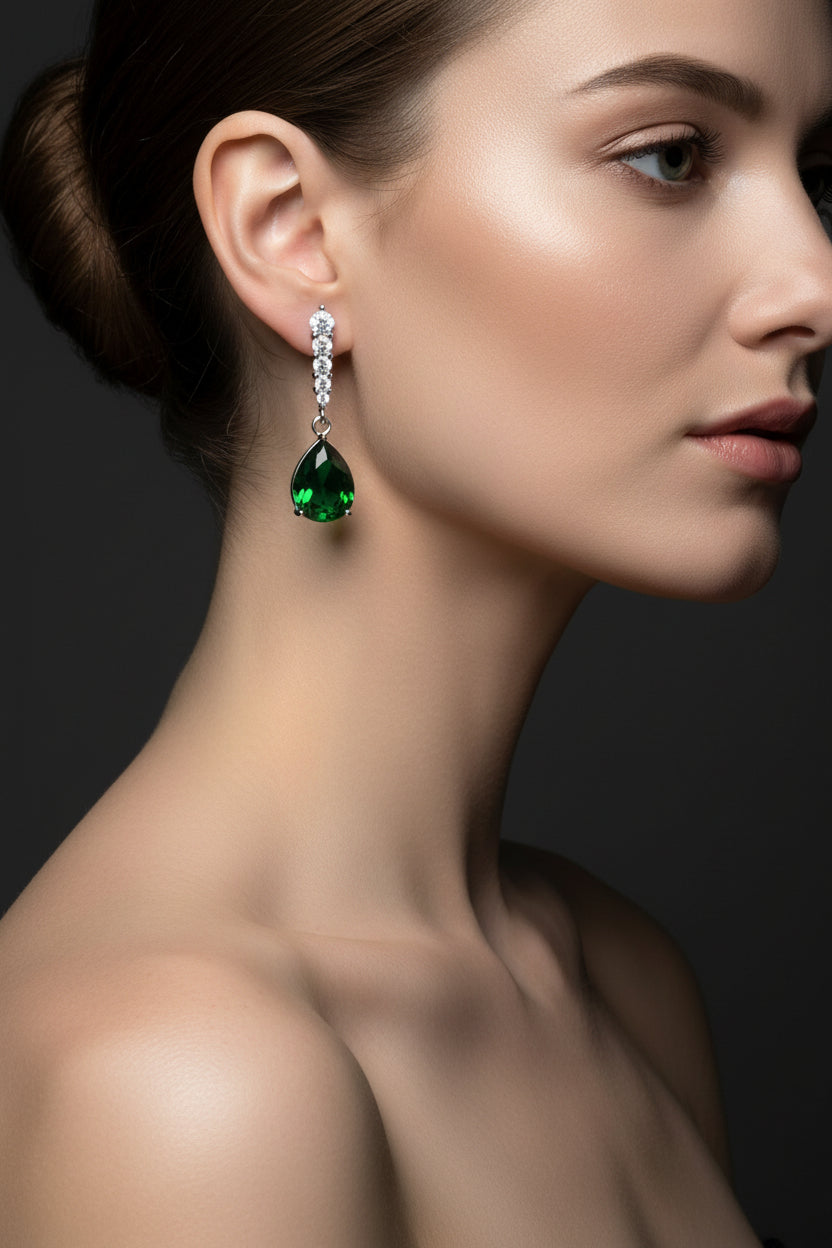 Boucles d'oreilles argent 925 tombante oxyde vert et zirconium serti