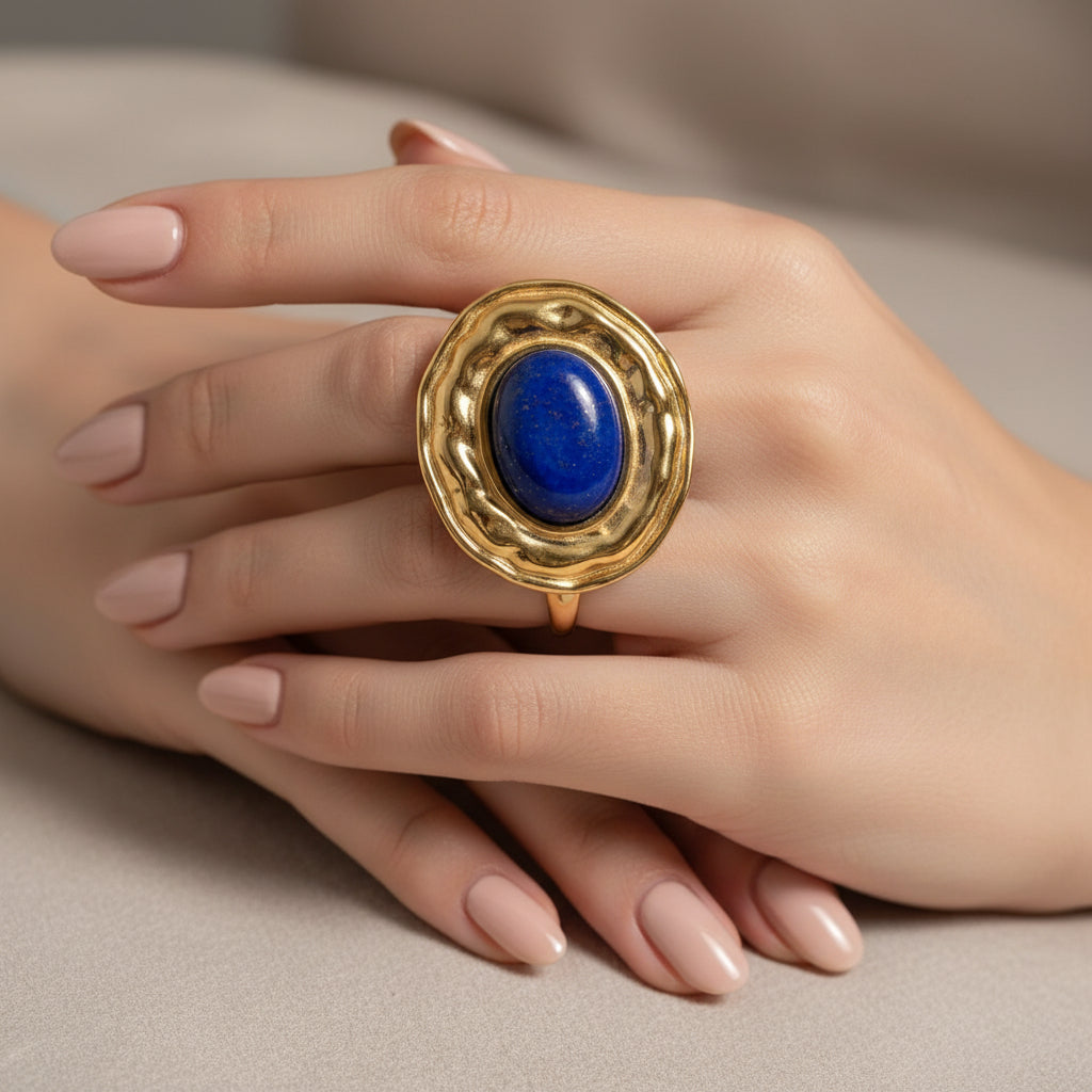 Bagues acier inoxydable imposante pierre naturelle lapis lazuli