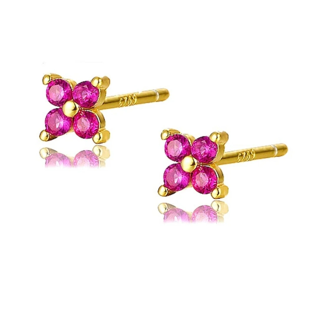 Boucles d'oreilles argent 925 or fleur diamant CZ