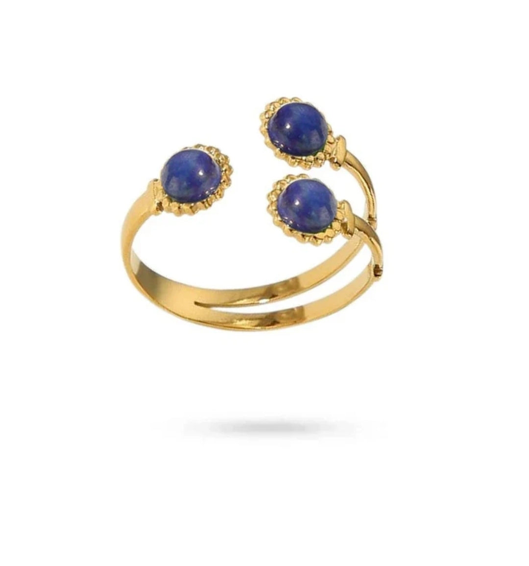 Bague pour femme acier inoxydable trois pierres naturelles lapis lazuli