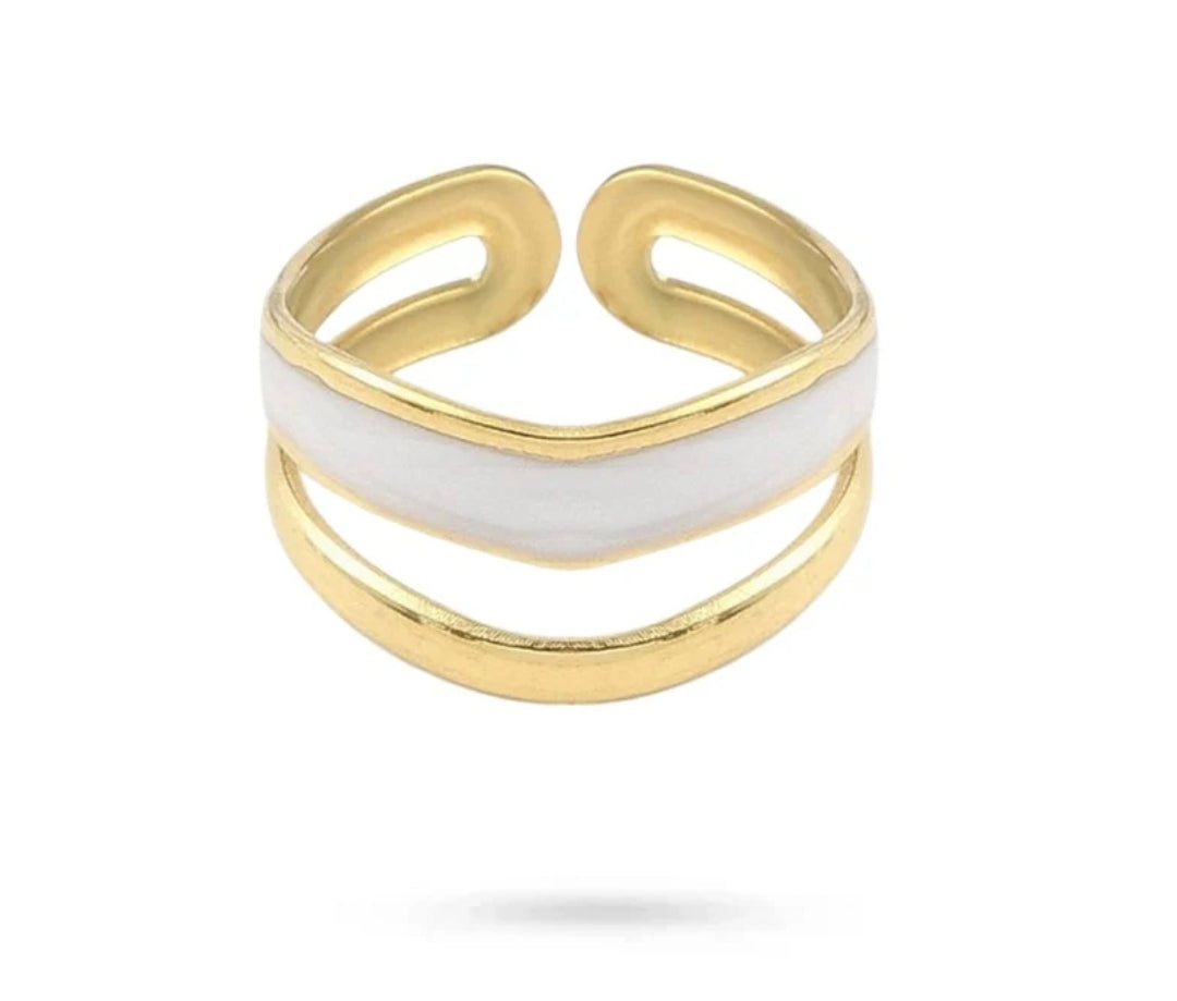 Bague femme acier inoxydable dorée double rang émail