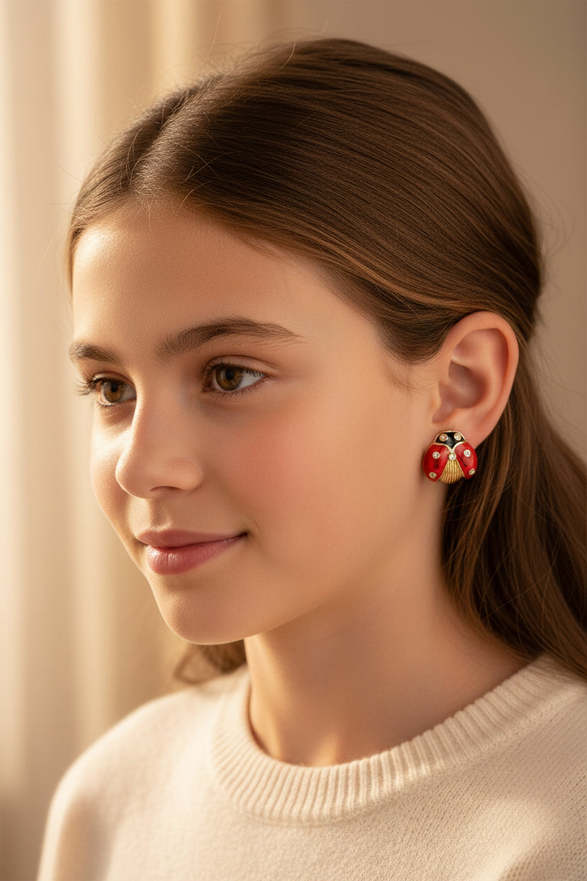 Boucles d'oreilles enfant coccinelles émail rouge dorées à l'or fin