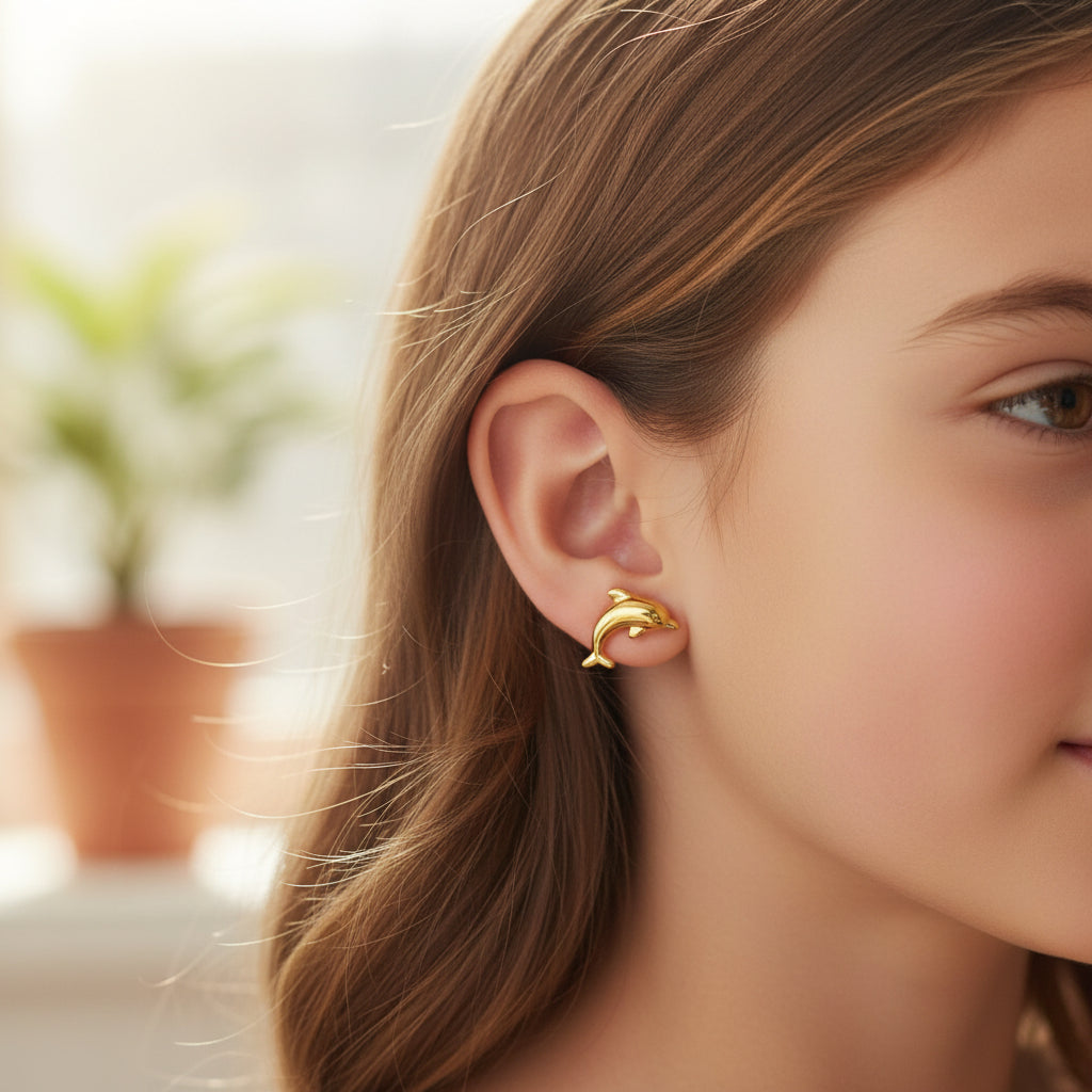 Boucles d'oreilles enfant en acier inoxydable doré en forme de dauphin