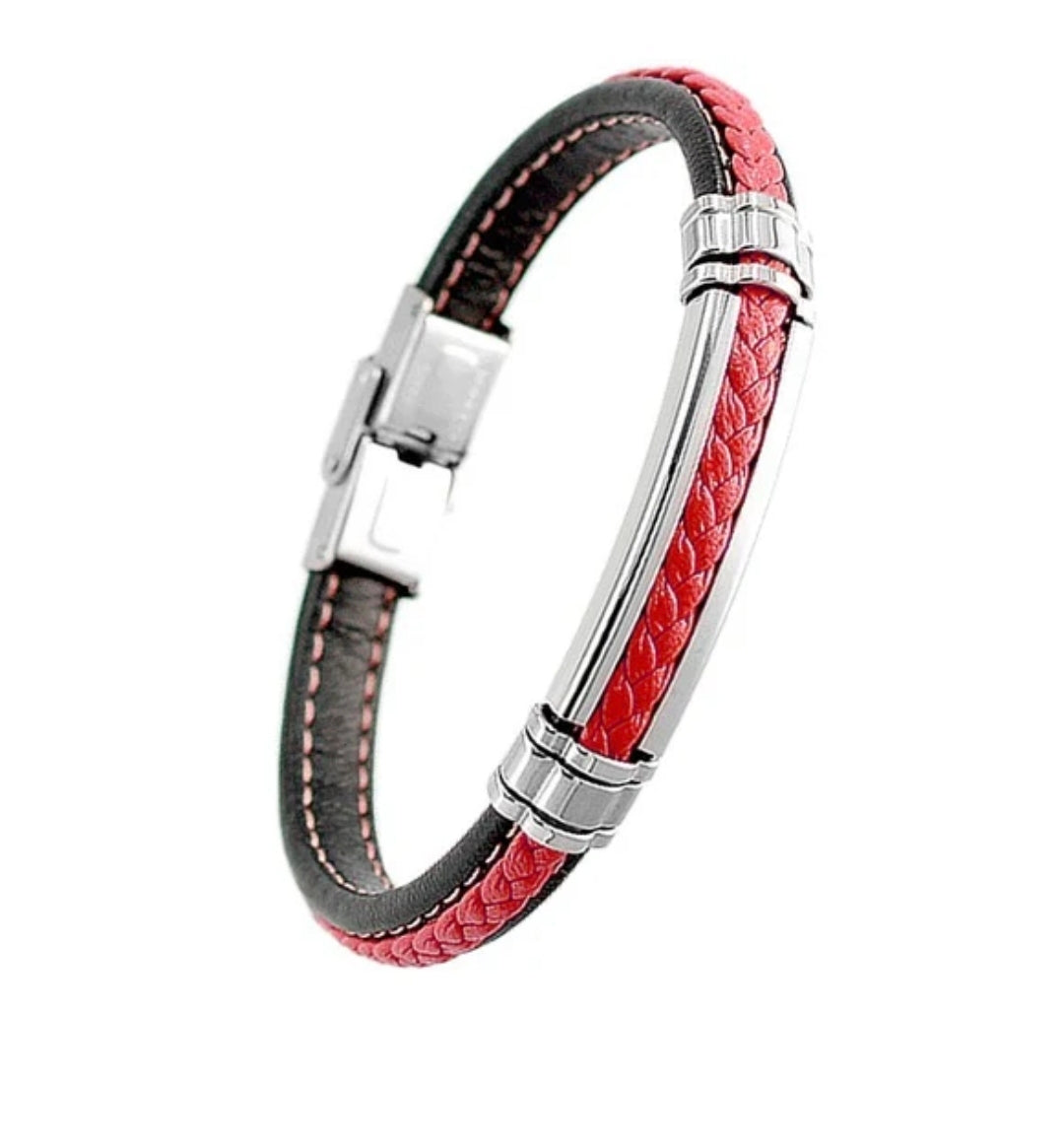 Bracelet Acier 316 - Cuir Noir & Rouge