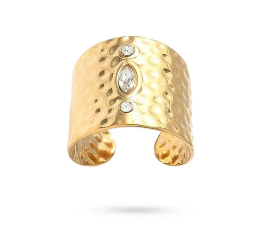 Bague femme acier inoxydable dorée 3 oxydes blancs