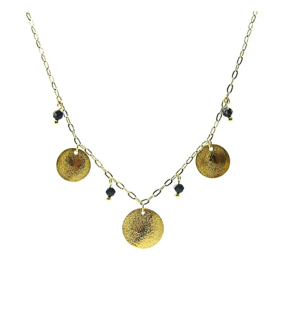 Collier acier pierre naturelle - 3 disques - Agate noir