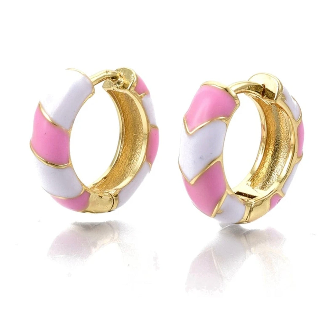 Boucles d'oreilles femme Créoles émail rose et blanc