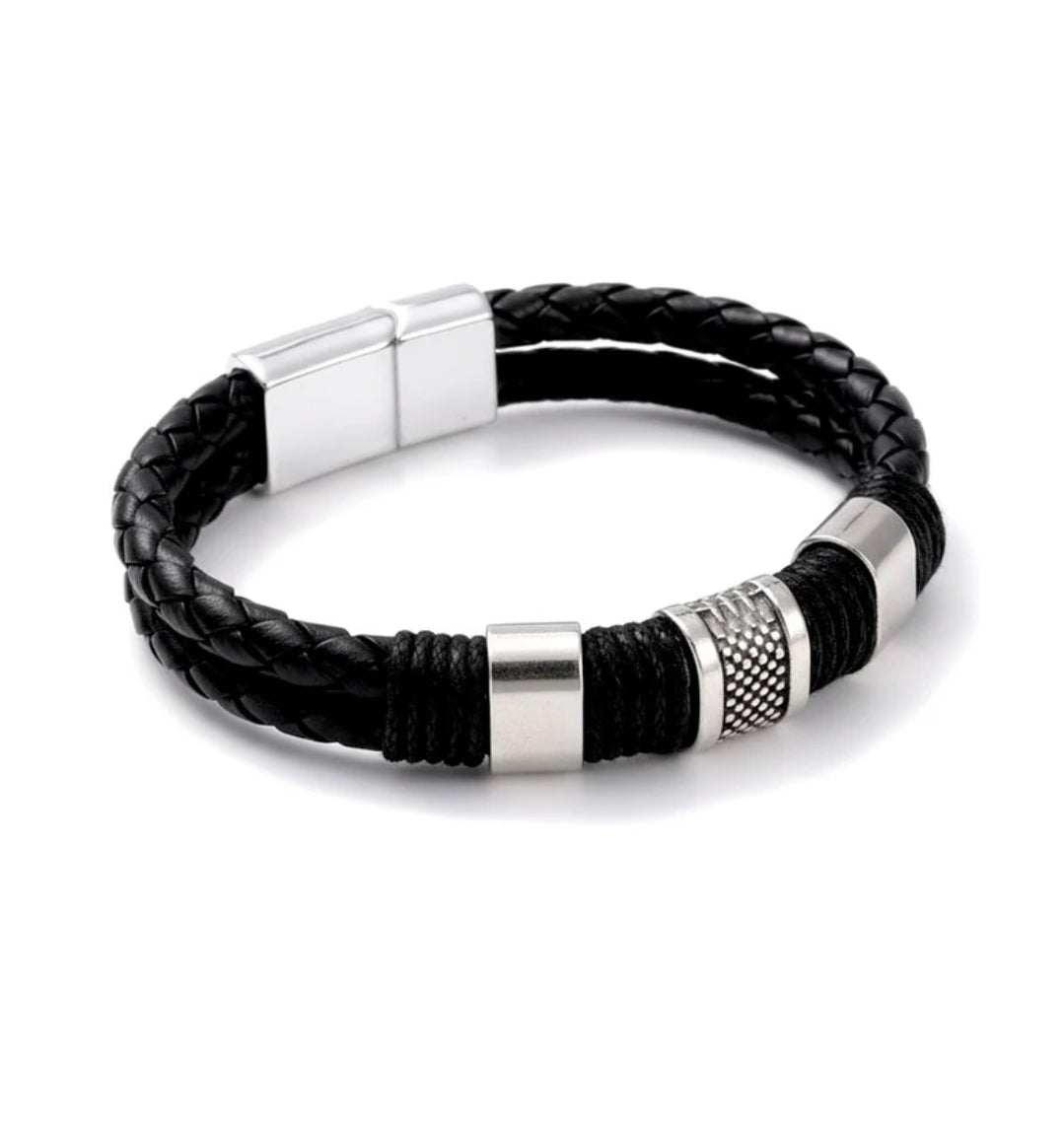 Bracelet souple cuir tressé et acier inoxydable