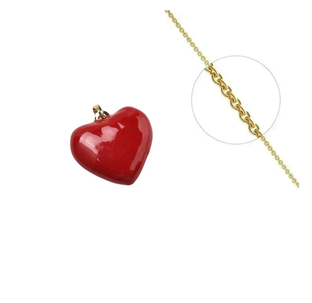 Collier femme doré et pendentif cœur émail rouge