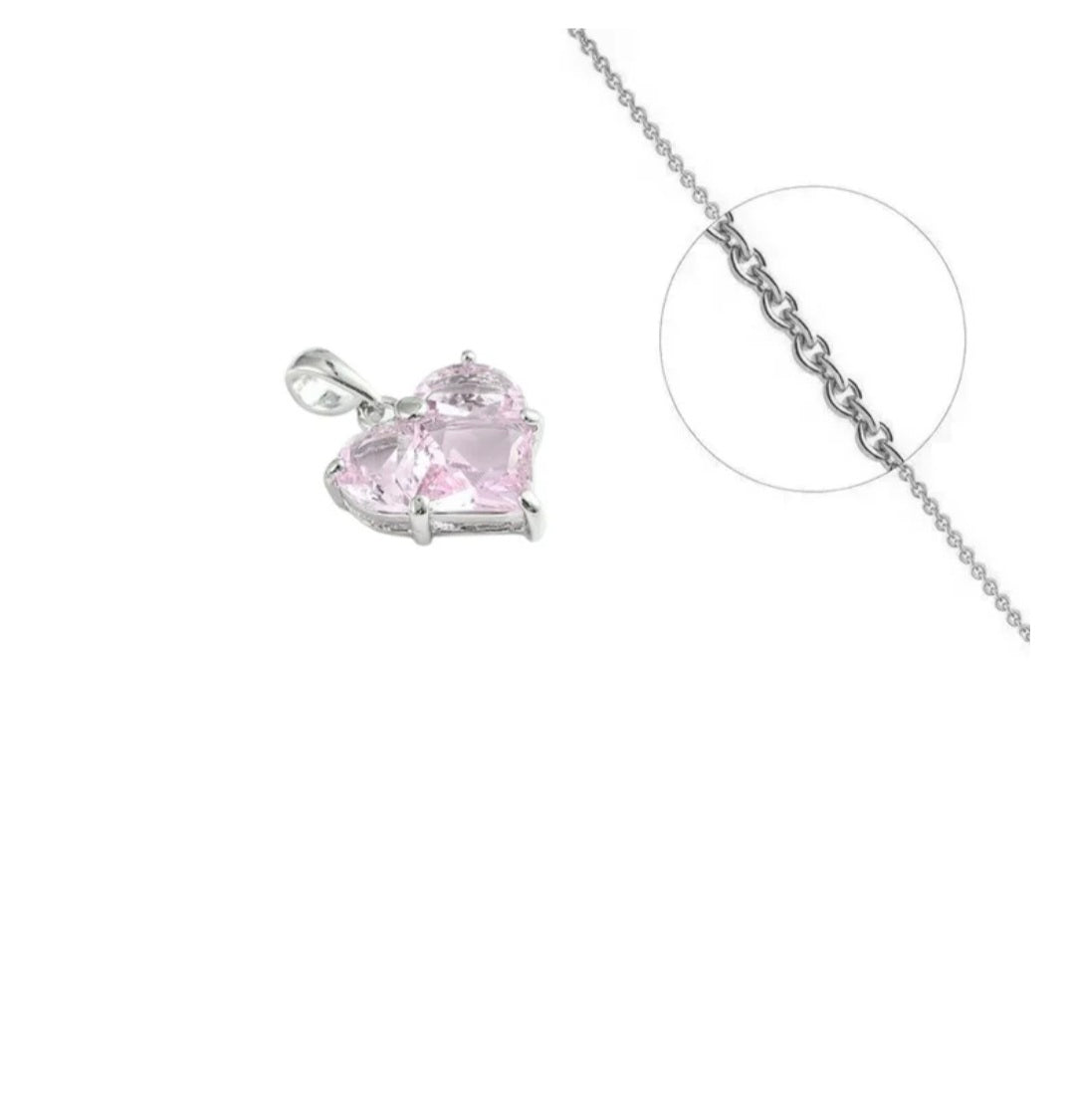Collier femme rhodié avec pendentif cœur orné d'un zirconiums rose sertis