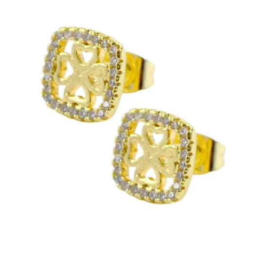 Boucles d'oreilles femme carré avec trèfle diamants CZ sertis
