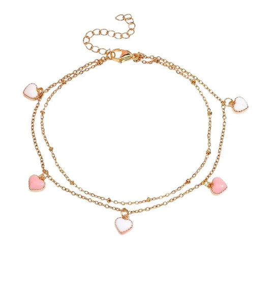 Chaîne de cheville femme en acier inoxydable chaîne satellite cœur nacre rose et blanc