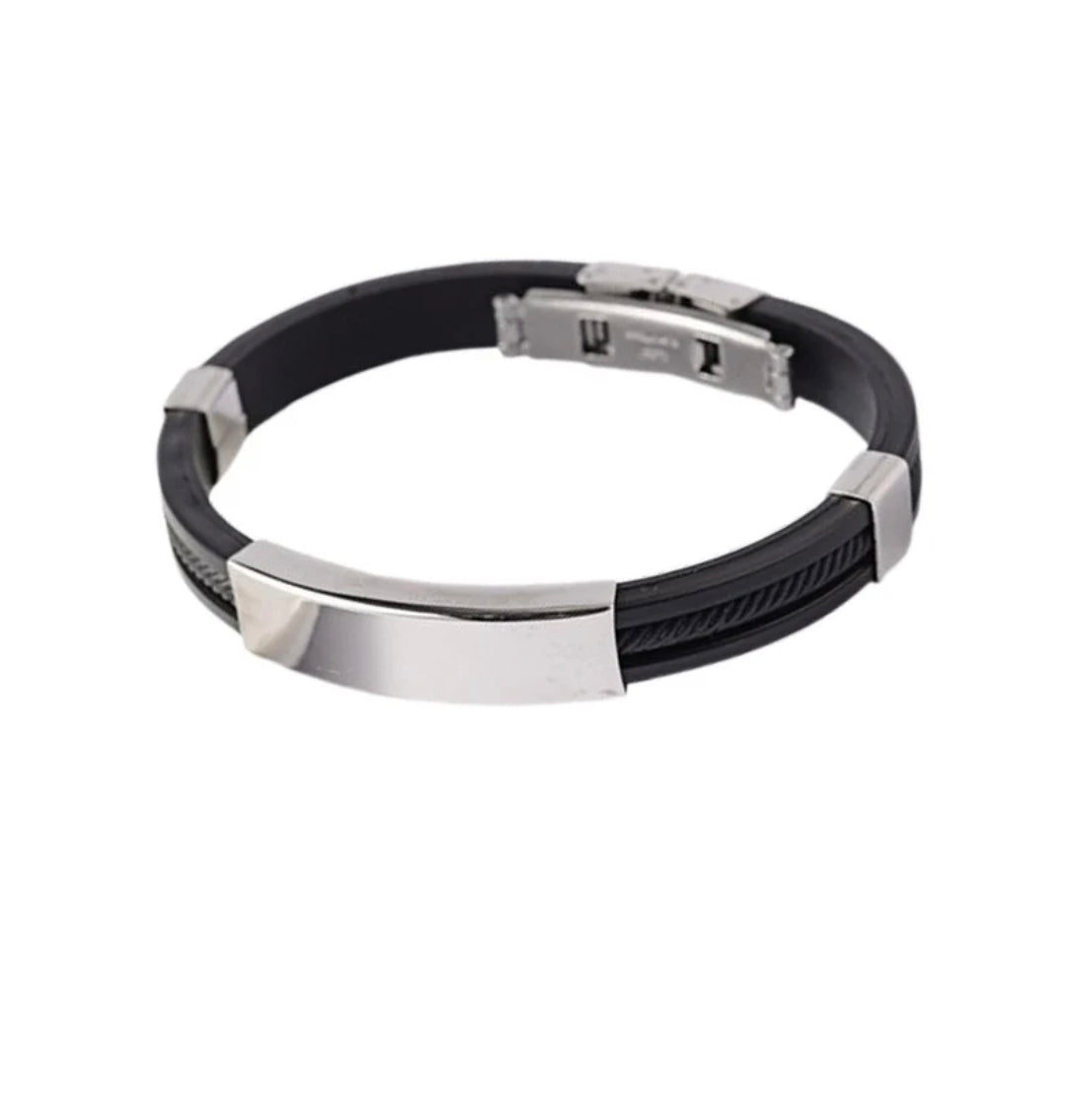 Bracelet acier inoxydable cuir et cordon noir