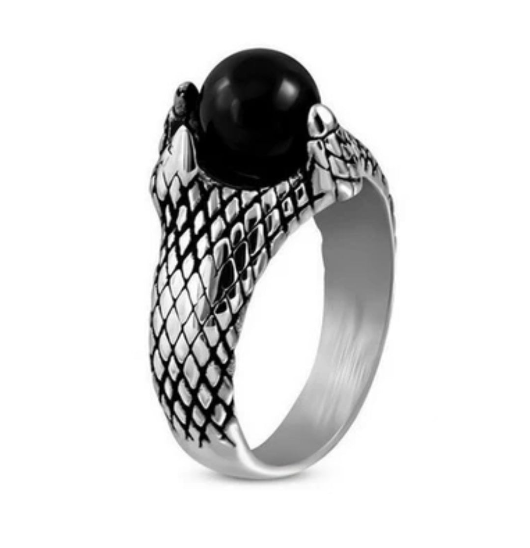 Bague homme en Acier 316 de couleur argentée - Grosse chevaliere ajourés d'une perle noire fine