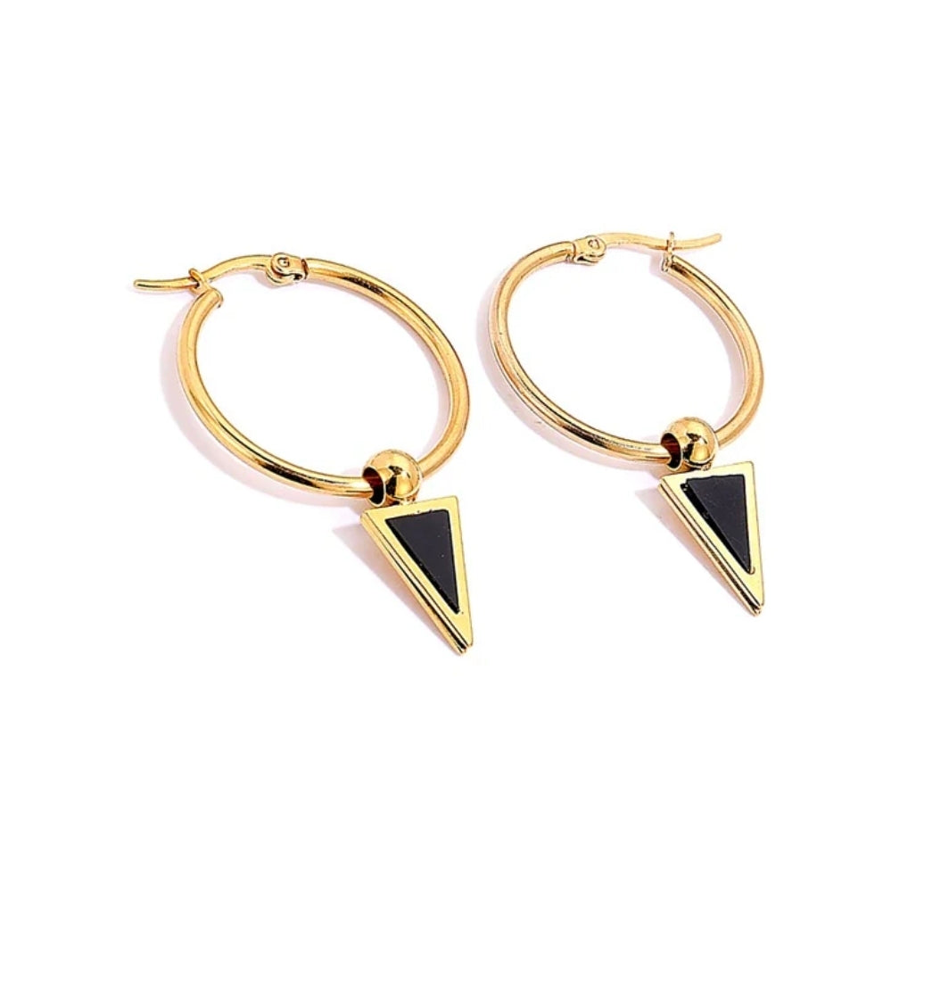 Boucles d'oreilles femme acier inoxydable doré Créole avec triangle noir