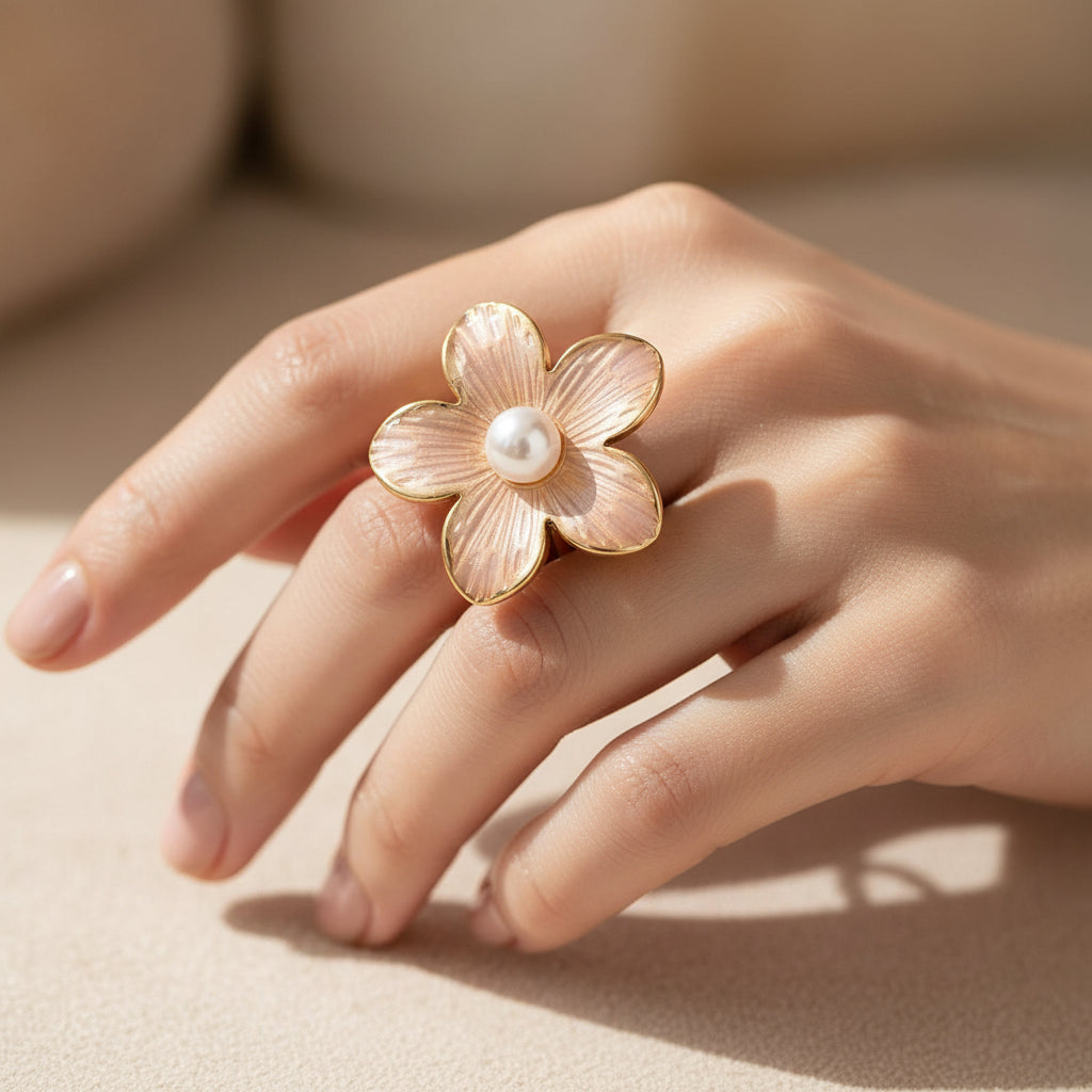 Bague femme inoxydable réglable dorée motif fleur avec perle