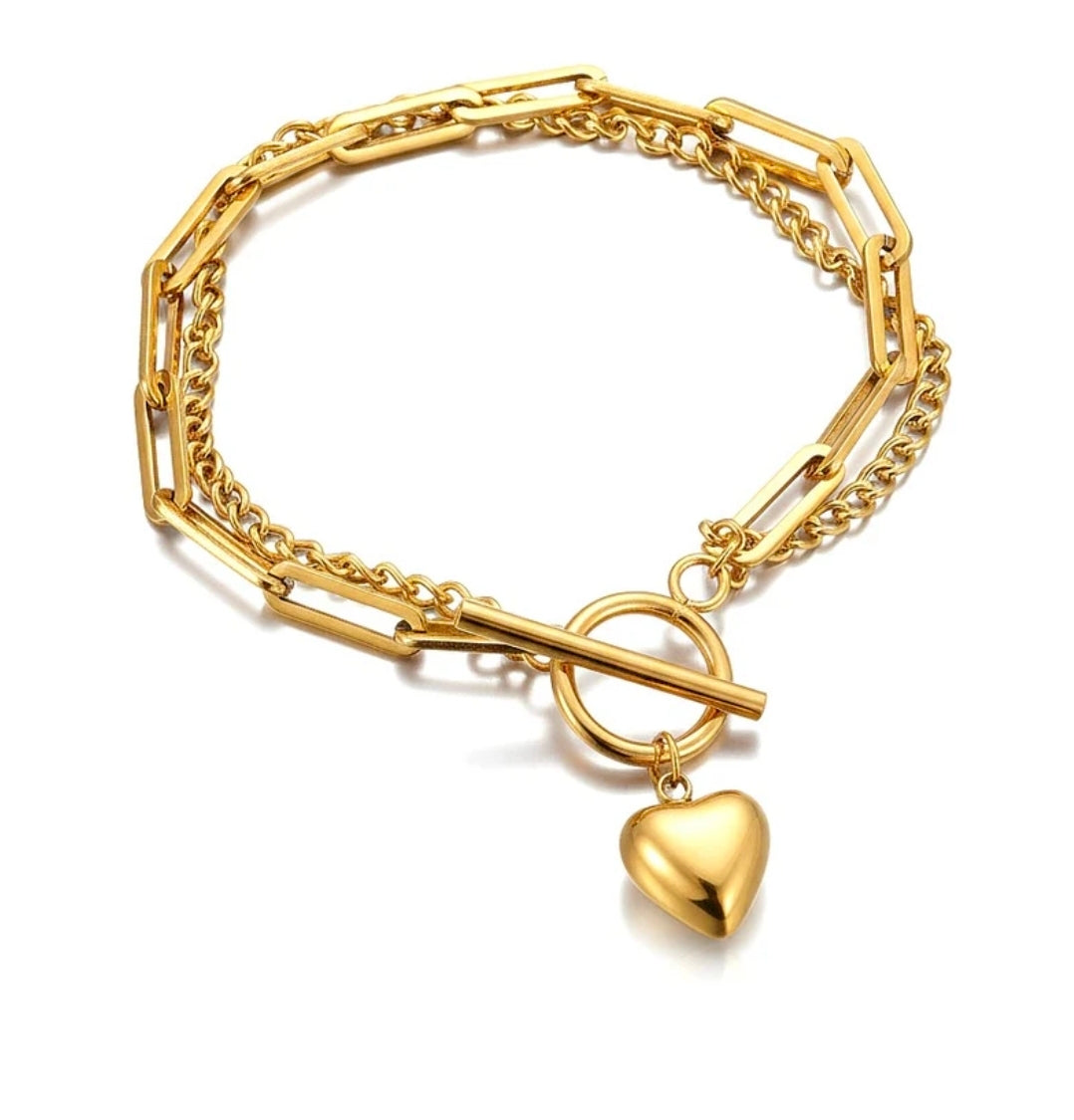 Bracelet femme en acier inoxydable double trombone avec gourmette avec breloque cœur