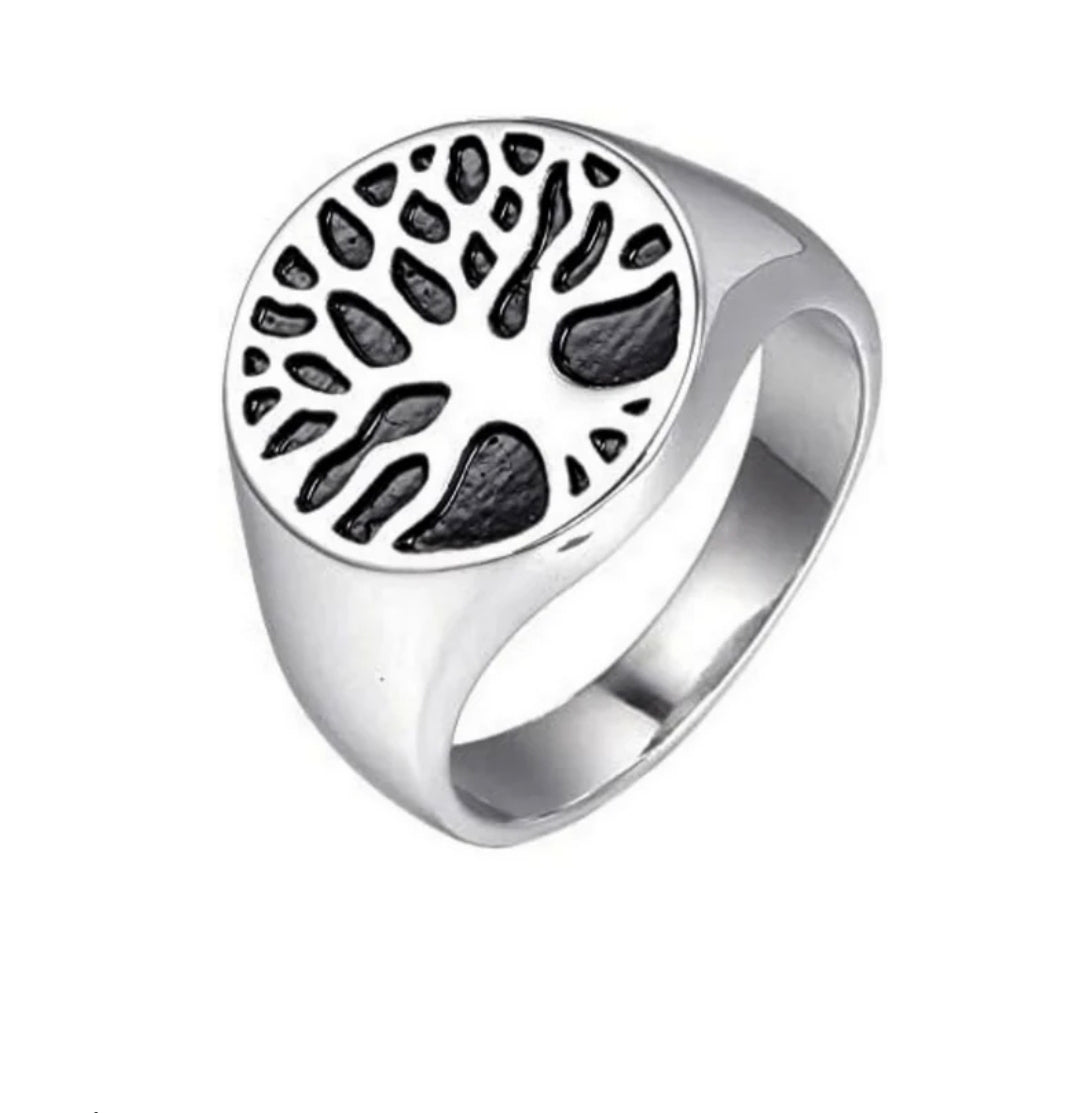 Bague acier inoxydable homme chevalière argentéé arbre de vie