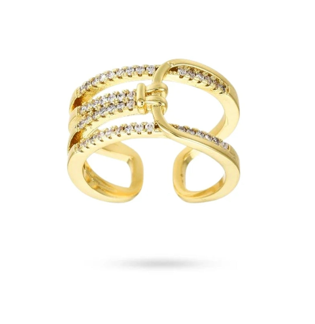 Bague femme réglable multi-rangs avec zirconiums blancs sertis