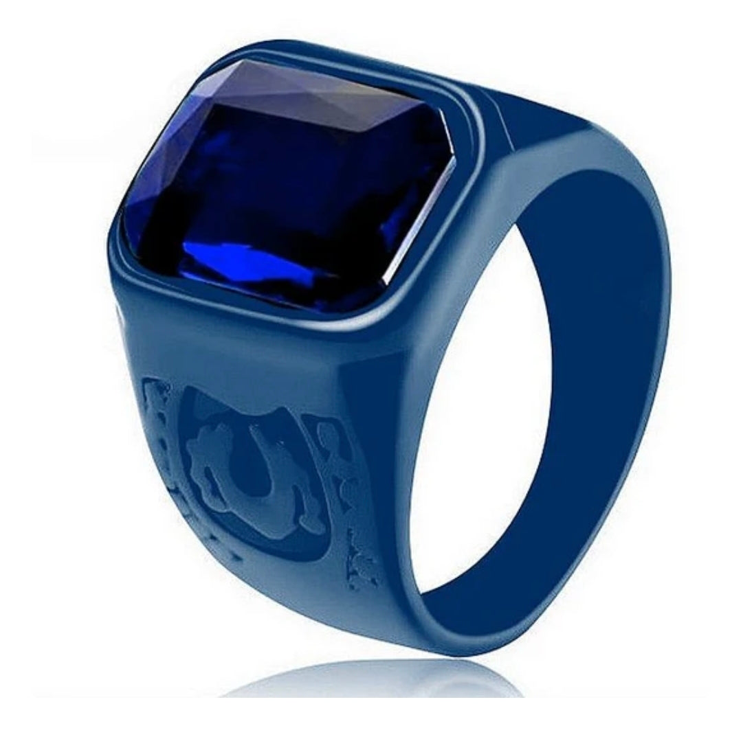 Bague chevalière homme acier 316 pierre bleu/noir avec strass bleu