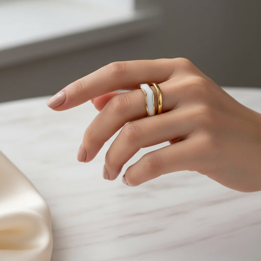 Bague femme acier inoxydable dorée double rang émail