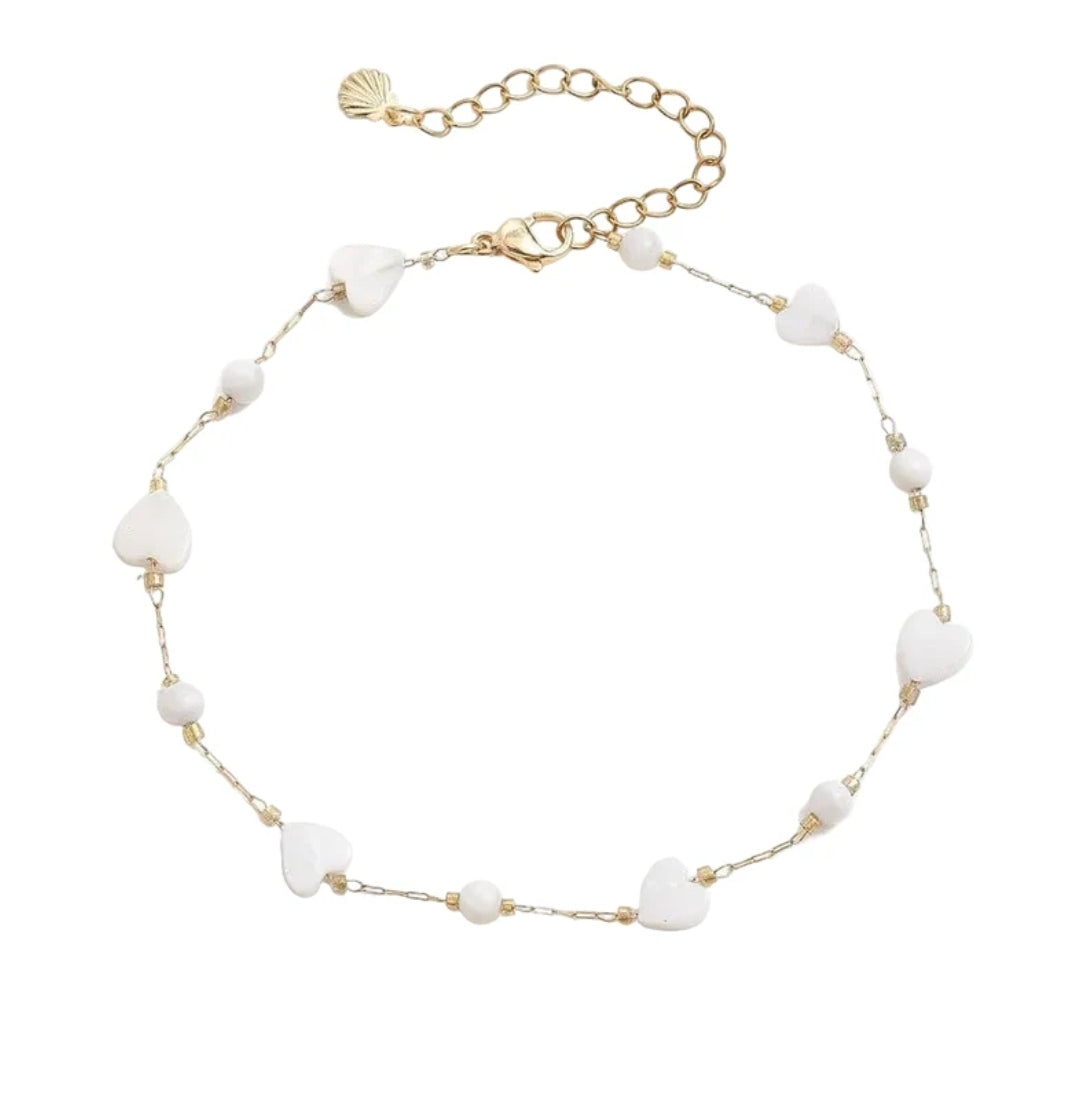 Chaîne de cheville en acier inoxydable coeurs coquille de nacre