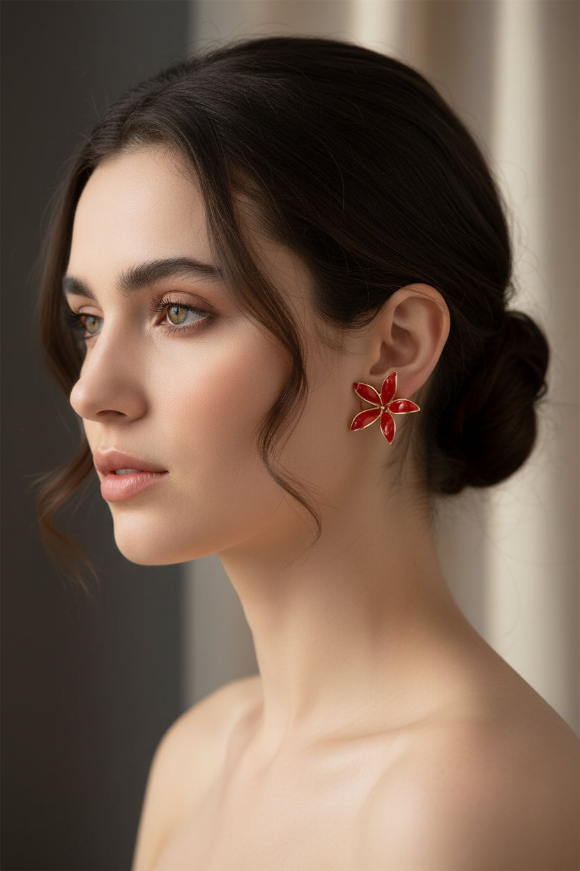 Boucles d'oreilles fleur émaillé rouge
