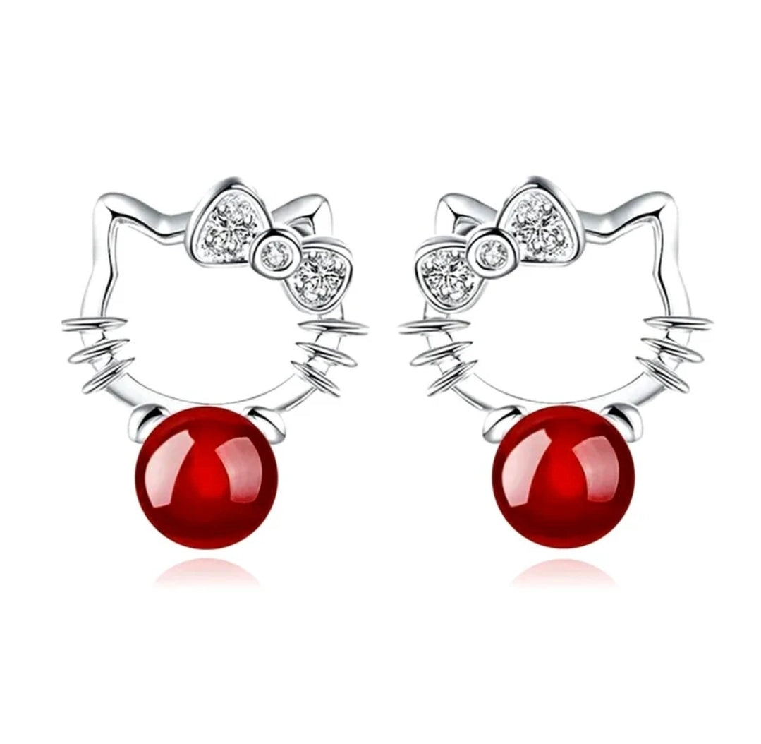 Boucles d'oreilles enfant argent 925 puces perles rouge Hello