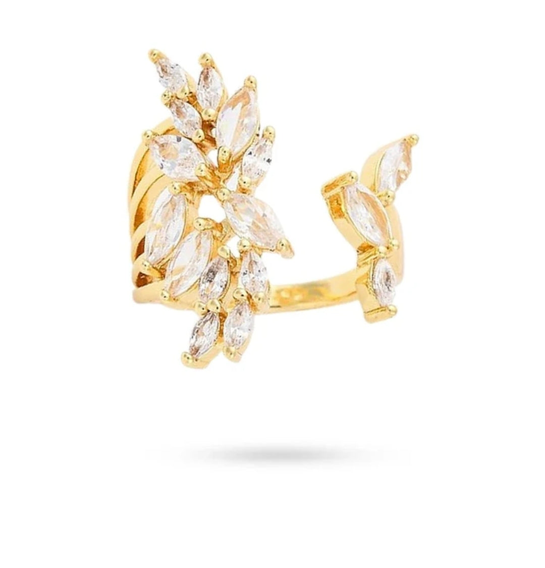 Bague femme réglable pétales de fleur avec zirconiums blancs sertis