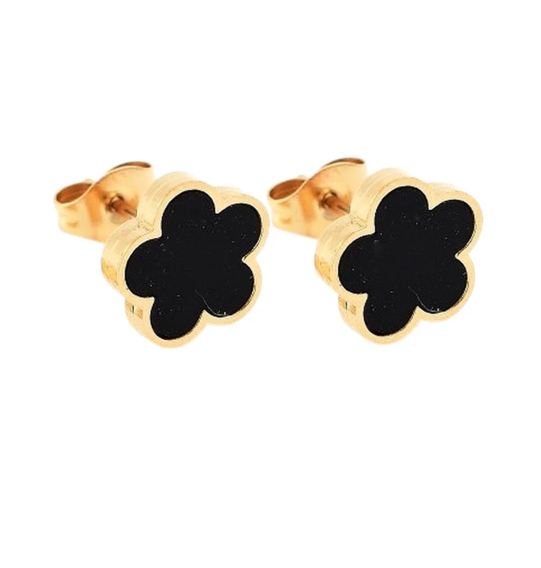 Boucles d'oreilles femme en acier inoxydable fleur noir et or