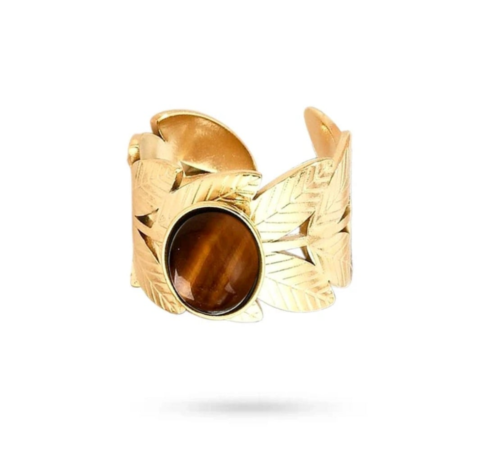 Bague feuille acier inoxydable pierre naturelle Œil de Tigre