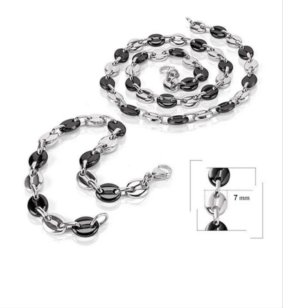 Parure pour homme  - Grain de café ( 7mm ) - Couleur noir et gris
