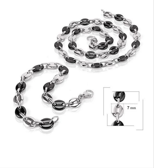 Parure pour homme  - Grain de café ( 7mm ) - Couleur noir et gris