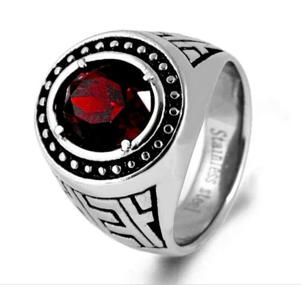 Bague homme acier 316 - Couleur argenté  - Pierre rouge