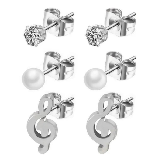 Lot de 3 paires de boucles d'oreilles pour enfant - Acier argenté - Clé de sol, Solitaire, Perle