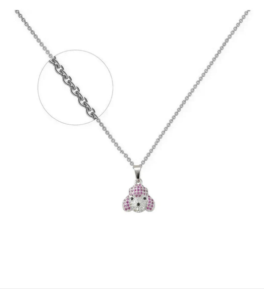 Collier rhodié enfant petit caniche orné d'un zirconiums rose sertis