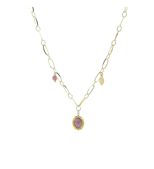 Collier acier inoxydable trombone pierres naturelles Rhodonite